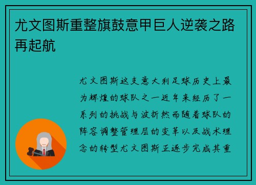 尤文图斯重整旗鼓意甲巨人逆袭之路再起航
